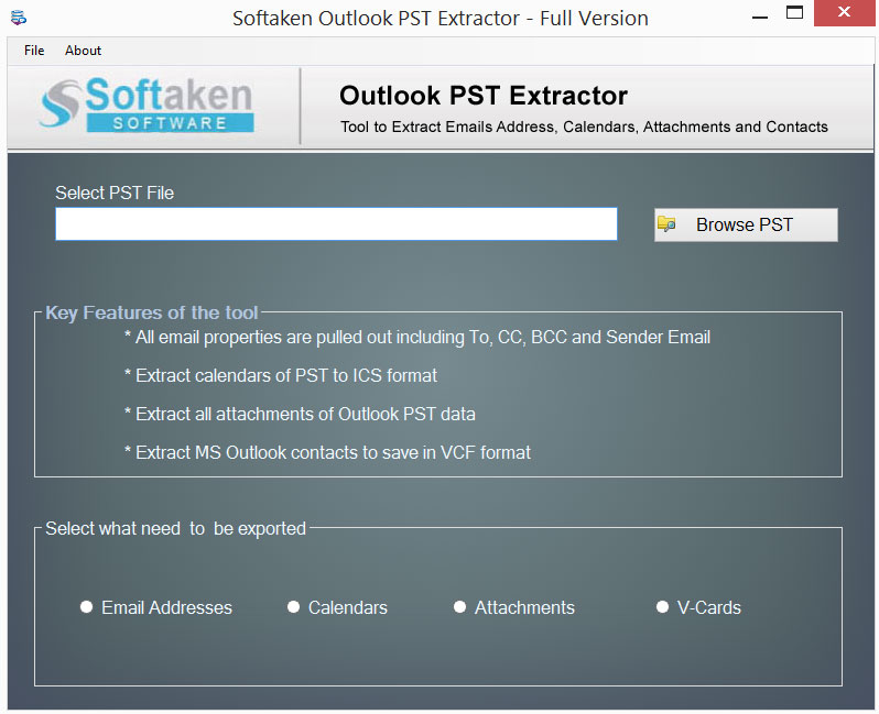 Outlook PST extractor screen