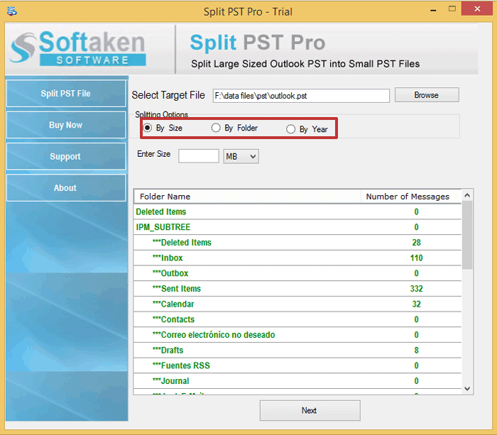Options to Split PST File